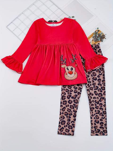 Christmas 2pc Cute Sets, Girls Santa Claus Print Flare Sleeve Top & Plaid Pants Kids Clothes For outdoor Party