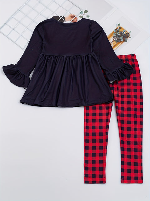 Christmas 2pc Cute Sets, Girls Santa Claus Print Flare Sleeve Top & Plaid Pants Kids Clothes For outdoor Party