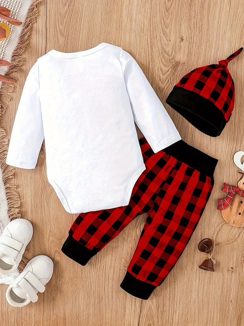 My First Christmas Baby Boy Outfits, 2pcs Newborn Long Sleeved Romper + Deer Plaid Print Pants + Christmas Hat Outdoor Set 0-18 Months