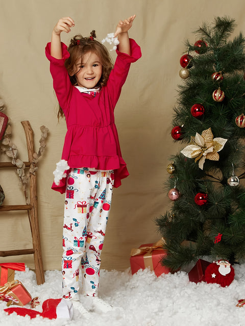 Comfy outdoor Outfits, 2pc Girls Pullover + Pants, Santa Claus Pattern Pants Autumn Clothes Christmas