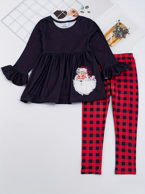 Christmas 2pc Cute Sets, Girls Santa Claus Print Flare Sleeve Top & Plaid Pants Kids Clothes For outdoor Party