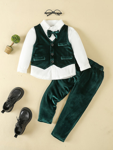 Boys' 3-Piece Gentleman Outfit Set - Long Sleeve Dress Shirt With Bow Tie + Velvet Vest + Pants, Perfect For Christmas, Birthday, Banquet, Parties - Party Style Outdoor