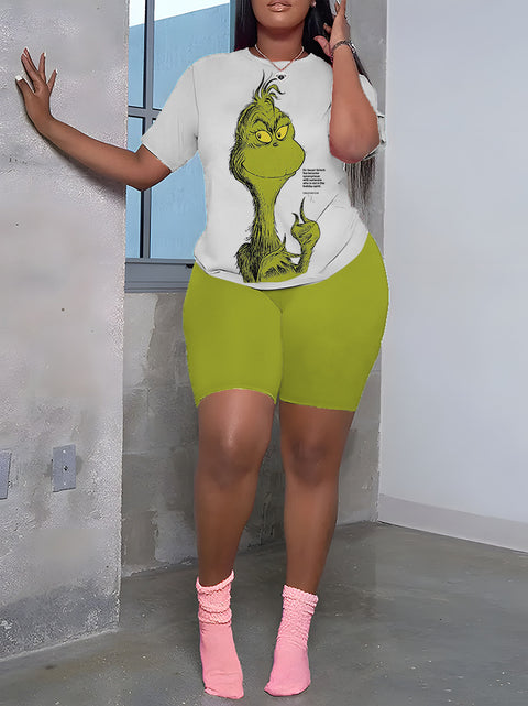 AWAKECRM Tume  2025 large-size women's T-shirt set creative funny green hair monster 3D printing printing custom-made