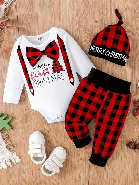 My First Christmas Baby Boy Outfits, 2pcs Newborn Long Sleeved Romper + Deer Plaid Print Pants + Christmas Hat Outdoor Set 0-18 Months