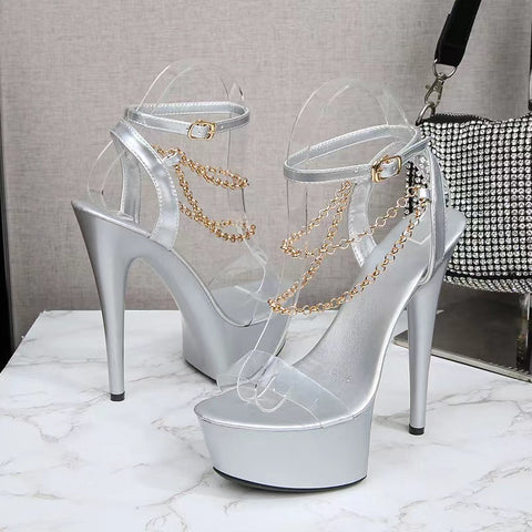 Awakecrm Women Sandals High Heels Fashion New Open Toe Platform Metal Chain Stilettos Party Shoes Sexy Plus Size High Heels