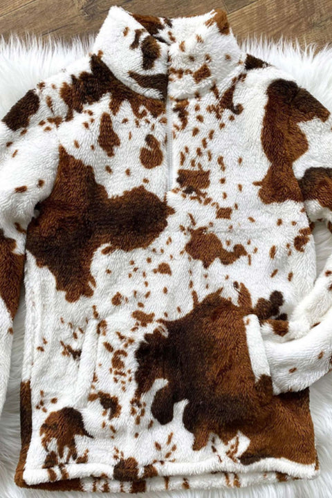 Awakecrm Cow Print Zipper Front Plush Tops