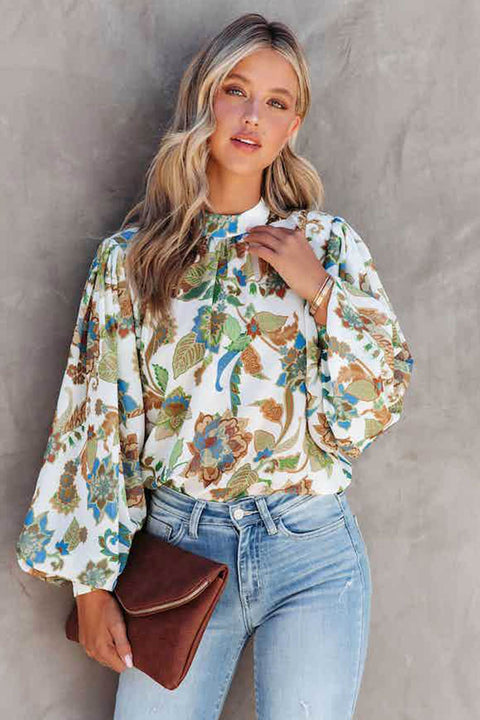 Awakecrm Floral Balloon Sleeve Blouse