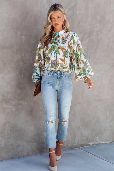 Awakecrm Floral Balloon Sleeve Blouse