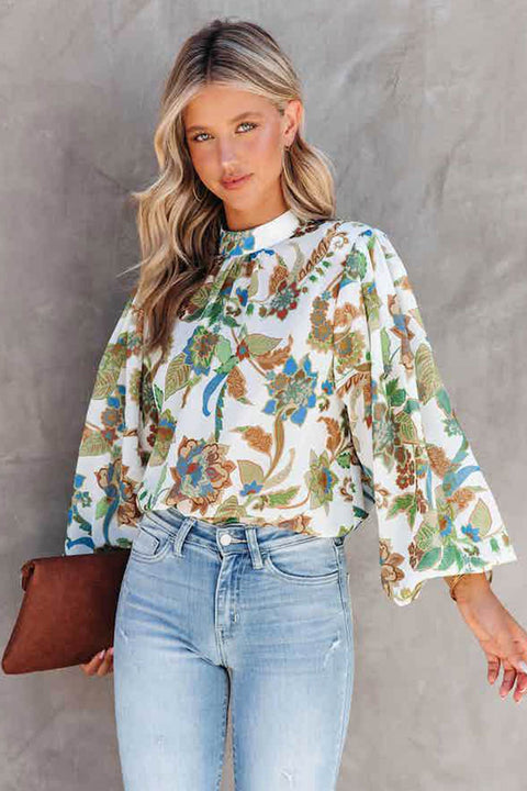 Awakecrm Floral Balloon Sleeve Blouse