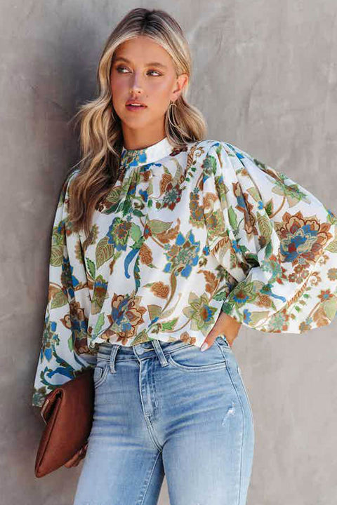 Awakecrm Floral Balloon Sleeve Blouse
