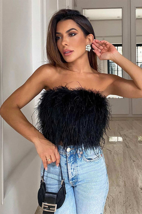 Awakecrm Solid Fuzzy Strapless Crop Top