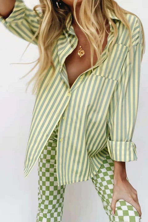 Awakecrm Green Striped Long Sleeve Shirts