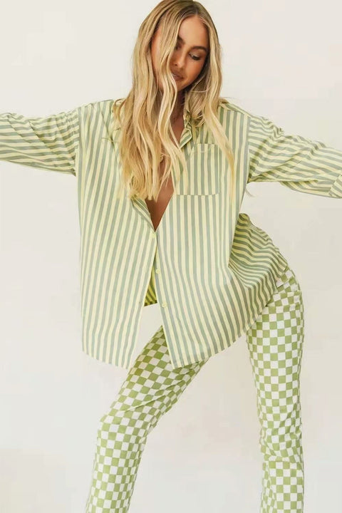 Awakecrm Green Striped Long Sleeve Shirts