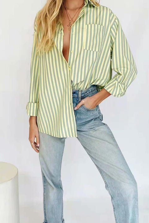 Awakecrm Green Striped Long Sleeve Shirts