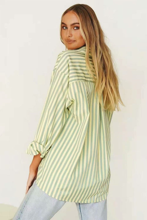 Awakecrm Green Striped Long Sleeve Shirts