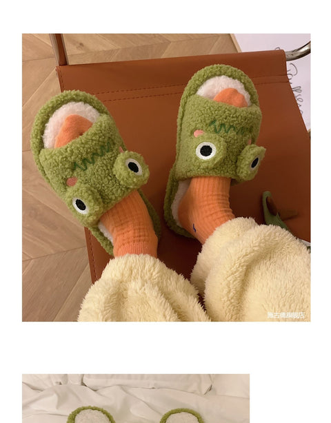 Winter Women Slipper Indoor Home Antiskid Cotton Slippers Frog Cartoon Cute Soft Bottom Warm Open Toe Plush Slippers Man