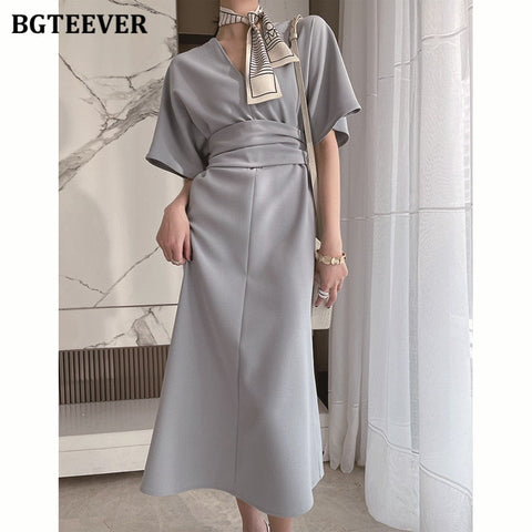 Christmas Gift BGTEEVER Elegant V-neck Short SleBGTEeve Women Solid Dress Slim Waist Casual A-line Vestidos Femme  Summer Ladies Midi Dress