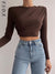 Awakecrm O Neck  Brown Crop Top Women Ruched 90s Y2K Basic Autumn Winter Casual Black Long Sleeve T Shirts Sexy Green