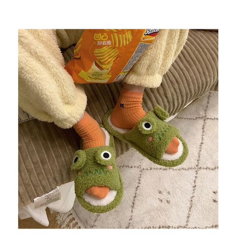 Winter Women Slipper Indoor Home Antiskid Cotton Slippers Frog Cartoon Cute Soft Bottom Warm Open Toe Plush Slippers Man