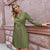 Simplee Elegant v-neck A-line pleated midi dress women green Office long sleeve belt blazer dresses Casual female vestidos