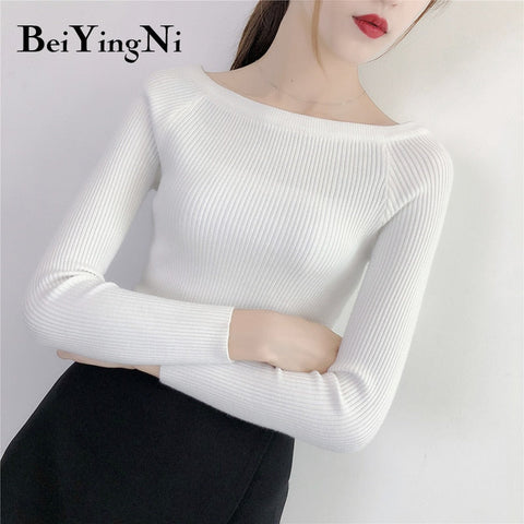 Awakecrm Christmas Gift Beiyingni Sexy Sweaters Womens Solid Slash Neck Tops Female Korean Streetwear Basic Sweater Ladies Pullover Autumn Winter Jumper