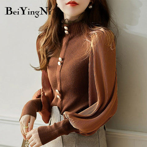 Awakecrm Christmas Gift Beiyingni Women's Turtleneck Sweaters Elegant Fashion Autumn Winter Knitwear Female Jumper Lantern Sleeve Buttons Pullovers Tops