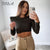 Awakecrm  O Neck Brown Long Sleeve Crop Top Women Basic Casual Autumn Winter Sexy T Shirts Black Ruched Streetwear Fashion