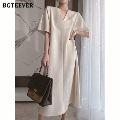 Christmas Gift BGTEEVER Elegant V-neck Short SleBGTEeve Women Solid Dress Slim Waist Casual A-line Vestidos Femme  Summer Ladies Midi Dress