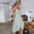 Back to College Simplee Casual Green V-neck Strap Midi Women Dress  Asymmetrical Belt Holiday A-line Summer Dress Sleeveless Party Vestidos