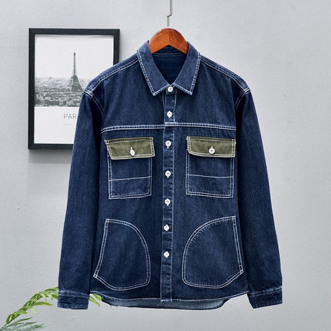 awakecrm Awakecrm Fashion Men's Personality Stitching Denim Shirt Jacket Japan Style Streetwear Casual Loose Tooling Multi-Pocket Lapel Coats