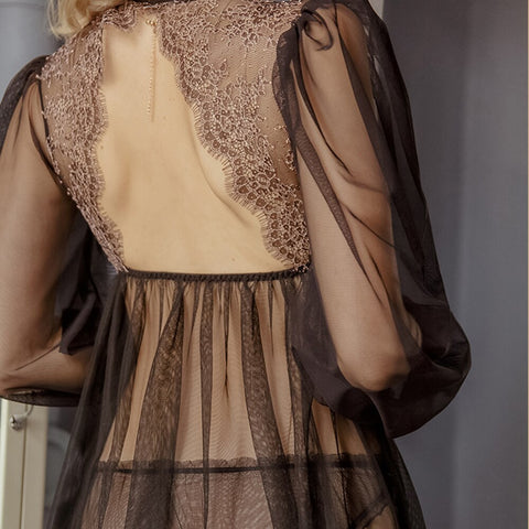 New Cute Sexy Lace Deep V-neck Open Back Long Sleeve Mini Nightdress Underwer Black and White Sleepwear Set Sleeping Dress