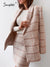 Back to College Simplee Vintage houndstooth v-neck women blazer suit Office lady plaid shoulder pads pink two pieces set Pocket mini dress sets