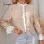 Simplee Autumn Cotton Solid Office Ladies Button Blouses Loose White Ruffle neck Women Tops Full Feet Sleeves Female Blouses