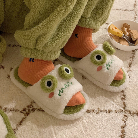 Winter Women Slipper Indoor Home Antiskid Cotton Slippers Frog Cartoon Cute Soft Bottom Warm Open Toe Plush Slippers Man