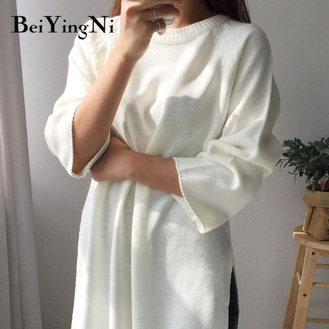 Awakecrm Christmas Gift Beiyingni Long Sweaters Women White Solid Color Knitted Tops Ladies Pullover Chic Split Autumn Winter Sweater Woman Jumper Dress