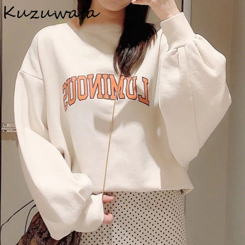 Christmas Gift Kuzuwata Chic Letter Print Pattern Drop Shoulder Women Hoody  Spring New Fashion Solid Hoodies Loose Pullover Sweatshirts