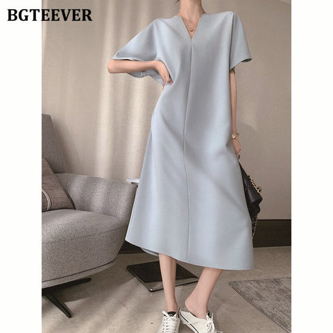 Christmas Gift BGTEEVER Elegant V-neck Short SleBGTEeve Women Solid Dress Slim Waist Casual A-line Vestidos Femme  Summer Ladies Midi Dress