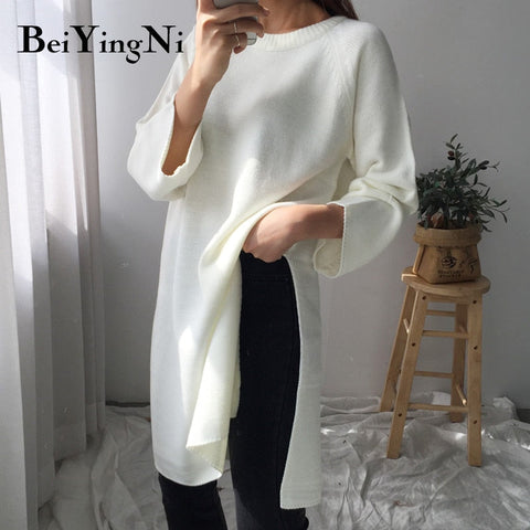 Awakecrm Christmas Gift Beiyingni Long Sweaters Women White Solid Color Knitted Tops Ladies Pullover Chic Split Autumn Winter Sweater Woman Jumper Dress