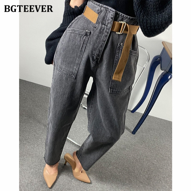 BGTEEVER Stylish Loose Ripped Holes Female Jeans Trousers High