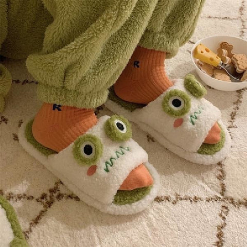 Winter Women Slipper Indoor Home Antiskid Cotton Slippers Frog Cartoon Cute Soft Bottom Warm Open Toe Plush Slippers Man