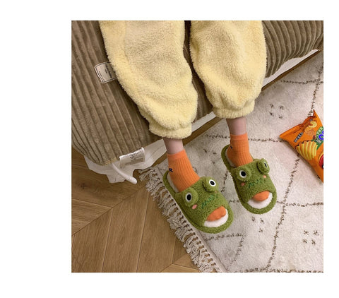 Winter Women Slipper Indoor Home Antiskid Cotton Slippers Frog Cartoon Cute Soft Bottom Warm Open Toe Plush Slippers Man