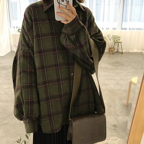 Awakecrm Flannel Oversized Shirt Long Sleeve Collared Boyfriend Plaid Blouse Fall Winter Women's Blouses & Shirts *