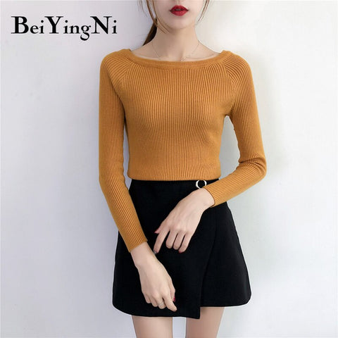 Awakecrm Christmas Gift Beiyingni Sexy Sweaters Womens Solid Slash Neck Tops Female Korean Streetwear Basic Sweater Ladies Pullover Autumn Winter Jumper