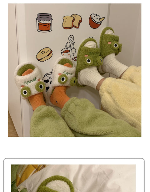 Winter Women Slipper Indoor Home Antiskid Cotton Slippers Frog Cartoon Cute Soft Bottom Warm Open Toe Plush Slippers Man