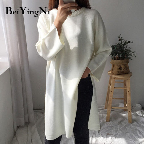 Awakecrm Christmas Gift Beiyingni Long Sweaters Women White Solid Color Knitted Tops Ladies Pullover Chic Split Autumn Winter Sweater Woman Jumper Dress