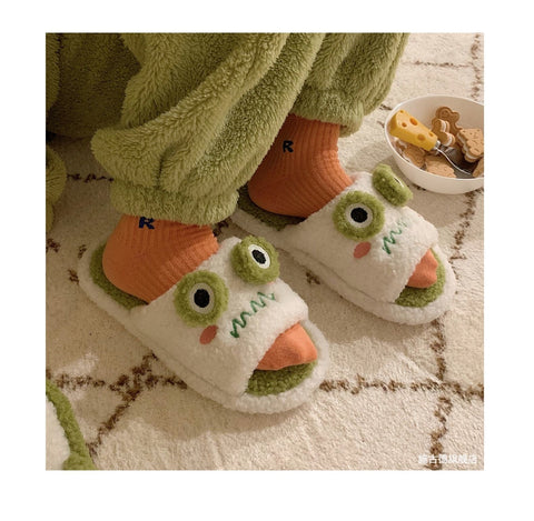 Winter Women Slipper Indoor Home Antiskid Cotton Slippers Frog Cartoon Cute Soft Bottom Warm Open Toe Plush Slippers Man