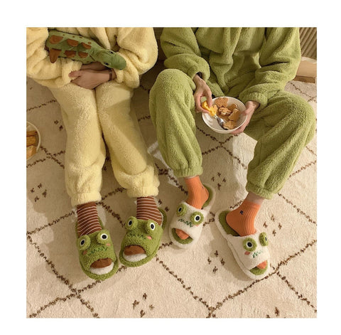Winter Women Slipper Indoor Home Antiskid Cotton Slippers Frog Cartoon Cute Soft Bottom Warm Open Toe Plush Slippers Man