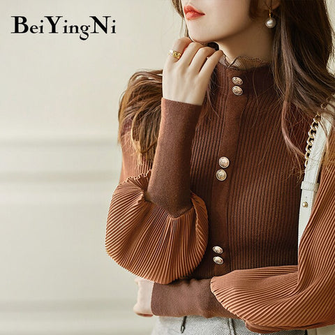 Awakecrm Christmas Gift Beiyingni Women's Turtleneck Sweaters Elegant Fashion Autumn Winter Knitwear Female Jumper Lantern Sleeve Buttons Pullovers Tops