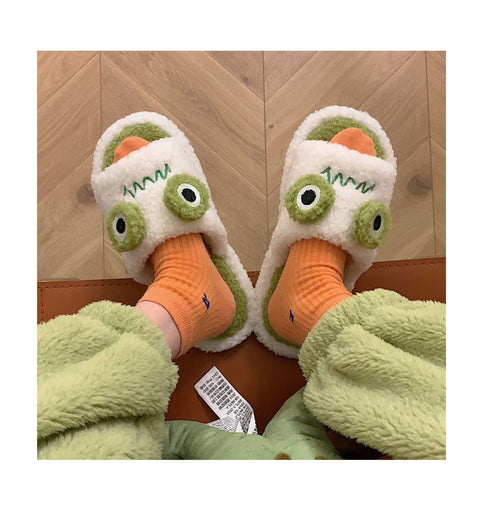 Winter Women Slipper Indoor Home Antiskid Cotton Slippers Frog Cartoon Cute Soft Bottom Warm Open Toe Plush Slippers Man