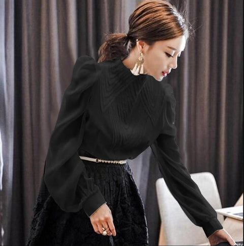 Awakecrm Christmas Gift New spring autumn Women puff Sleeve Stand Collar Chiffon Blouses office Ladies tops shirt plus size 2XL!